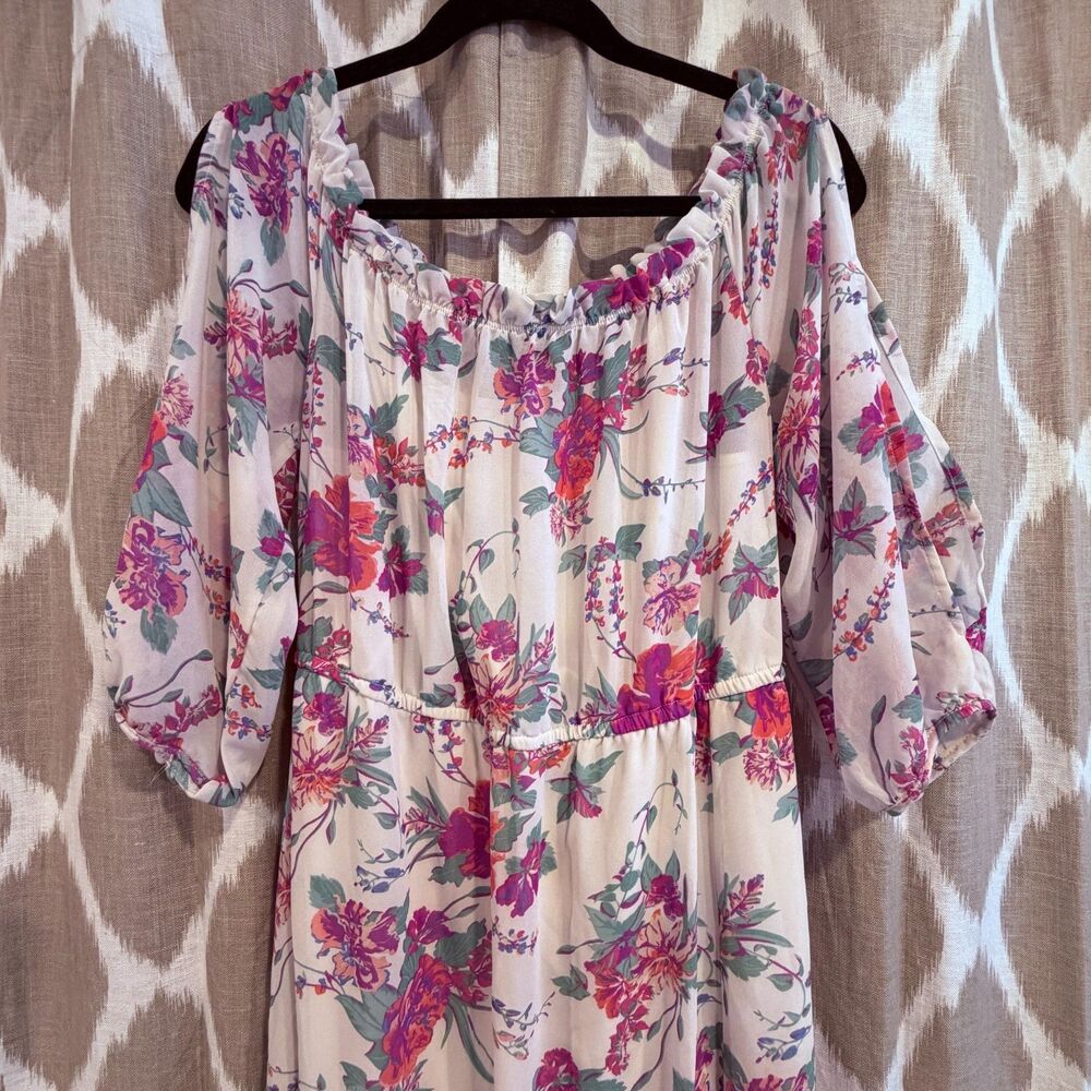 Forever 21 Floral Midi Dress Womens Medium Puff Sleeve Cottagecore Pink